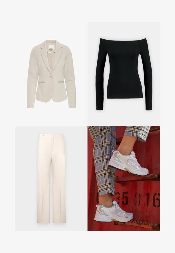 Bežs žakets ar pieguļošu siluetu, vienu pogu, ar iegrieztiem uzgaļiem un divām priekšējām kabatām. Tekstūra audums ar subtīlu rakstu.; Melna garām piedurknēm augšdaļa ar no pleca noliktu izgriezumu. Izgatavota no gludas auduma, tai ir pieguļošs siluets un bezšuvju konstrukcija.; Beige izstrādāti bikses ar taisnu kāju dizainu, izgatavotas no viegla auduma. Iekļauj priekšējos plecus un klasisku jostasvietu.; Baltas režģa sporta apavi ar sudraba akcentiem un teksturētu zoli, novietoti uz sarkanas virsmas, kombinēti ar kostīmpantaloniem ar kvadrātiem.