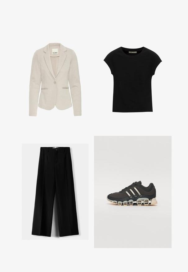Beiger Blazer mit taillierter Silhouette, einreihigem Knopfverschluss, Reverskragen und zwei Vorderseiten-Taschen. Strukturierter Stoff mit dezentem Muster.; Schwarzes T-Shirt mit kurzen Ärmeln und rundem Ausschnitt. Hergestellt aus glattem, elastischem Baumwollstoff. Einfaches Design ohne Muster oder Grafiken.; Schwarze weite Hosen aus leichtem Stoff, mit einem Knopfverschluss vorne und flachem Bund, mit sorgfältig genähten Säumen.; Schwarzer Sportschuh mit einer strukturierten Oberseite, drei silbernen Streifen und einer markanten Dämpfungssohle mit mehreren integrierten Sektionen.