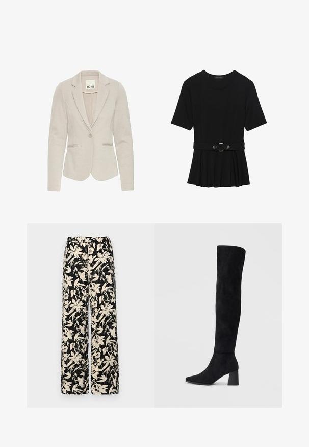 Blazer beige con silueta ajustada, cierre de un botón, solapas muestradas y dos bolsillos frontales. Tejido texturizado con un patrón sutil.; Top negro de manga corta fabricado en un material suave, con un diseño de peplum y una cintura ceñida con un cinturón que incluye dos botones redondos en tono plateado.; Pantalones de pierna ancha negros con un patrón floral crema. Fabricados en un tejido ligero, con una textura suave y una cintura alta.; Bota de ante negra hasta la rodilla con tacón cuadrado, puntera afilada y diseño liso y sin costuras sobre un fondo claro.