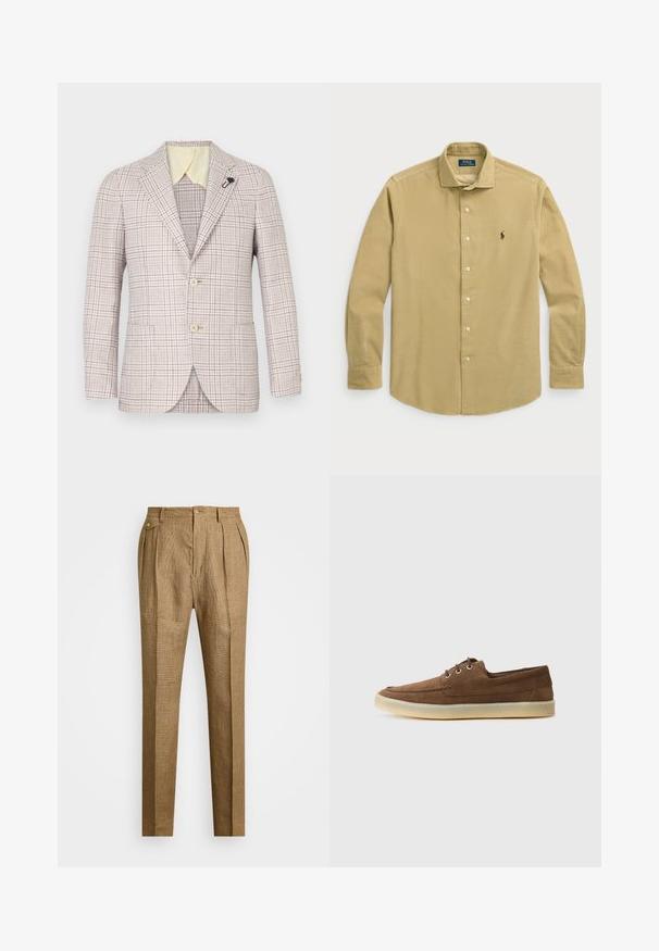 Blazer a quadri beige con due bottoni, rever a lancia e una piccola spilla nera. Tessuto strutturato, colletto interno giallo chiaro e due tasche frontali.; Camicia a maniche lunghe color khaki chiaro in cotone, con colletto button-down, bottoni frontali e un piccolo logo ricamato sul petto.; Pantaloni a quadri marroni con vestibilità strutturata, dotati di una parte frontale plissettata, due tasche laterali e chiusura con bottone. Tessuto liscio con un design su misura.; Scarpe in suede marrone con profilo basso, design con lacci, suola in gomma e dettagli di cucitura a contrasto. Stile semplice e funzionale.
