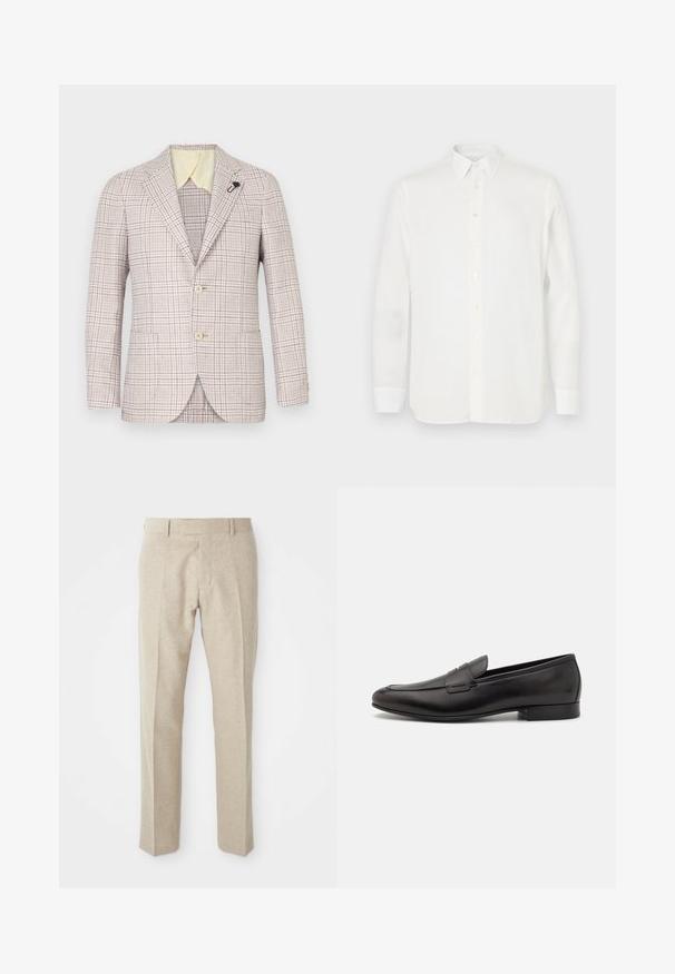 Béžový károvaný sako s dvoma gombíkmi, klopovými límci a malou čiernou brošňou. Textúrovaná tkanina, svetložltý vnútorný golier a dve predné vrecká.; Biela košeľa s dlhým rukávom vyrobená z ľahkej látky, s klasickým stojacím golierom, zapínaním na gombíky a rovný strih spodnej časti. Hladká textúra.; Béžové šité nohavice z textúrovanej látky, s plochým predným dielom, rovnými nohavicami a tradičným pásom s pútkami na opasok.; Čierne kožené mokasíny s elegantným dizajnom, zaoblenou špičkou a nízkym stohovaným opätkom. Obsahujú dekoratívne prešívanie na vrchnej časti.