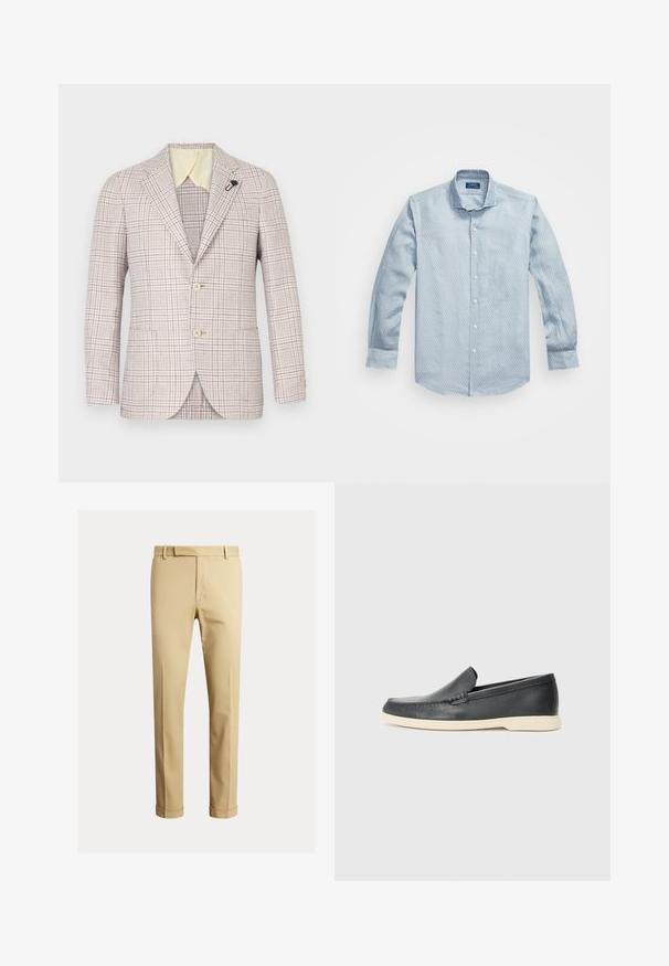 Beige plaid blazer with two buttons, notch lapels, and a small black pin. Textured fabric, light yellow inner collar, and two front pockets.; Light blue button-up shirt in a textured pattern, long sleeves, and a classic collar. White buttons and rounded hem. Made of cotton blend fabric.; Khaki chinos made of smooth cotton fabric, featuring a fitted design, front pleats, and cuffs at the ankle for a tapered look.; Black leather slip-on loafers with a textured finish and a contrasting beige rubber sole. Features a subtle accent along the front.