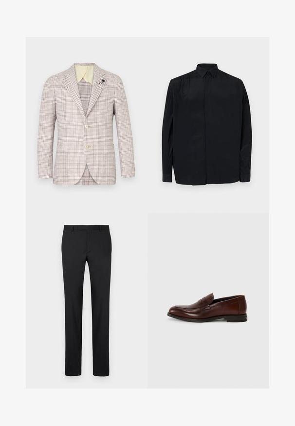 Blazer a quadri beige con due bottoni, rever a lancia e una piccola spilla nera. Tessuto strutturato, colletto interno giallo chiaro e due tasche frontali.; Camicia nera a maniche lunghe realizzata in tessuto morbido, con colletto classico, apertura con bottoni e vestibilità rilassata con maniche a polsino.; Pantaloni neri con un design su misura, gambe dritte, passanti per cintura standard e texture liscia. Nessun motivo visibile o parti in metallo.; Mocassini in pelle marrone con punta arrotondata, dettagli in fascia frontale e tacco basso impilato. Texture liscia con pochi decorazioni.