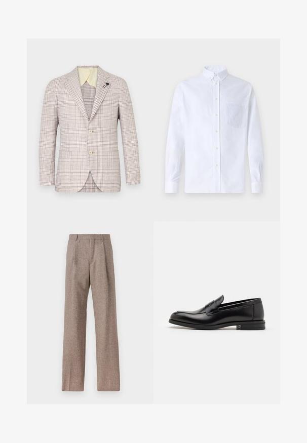 Bež karvaneeritud bleiser kahe nupuga, kruisidega krae ja väikese musta särgiga. Tekstuuriga kangas, heledalt kollane sisekrae ja kaks eesmist taskut.; Valge pikamaa varrukatega nööbiga särk, mis on valmistatud puuvillast ja millel on rinna tasku toon-toonis brodeeringuga, krae ja nööbiga mansetid.; Prunnid, kõrge vöökohaga püksid, mis on valmistatud tekstureeritud kangast. Omavad laiu jalgu ja kahte eesmist voldikut struktuuri jaoks. Korralik viimistlus, ilma nähtava riistvarata.; Mustad mustad nahast loafers sileda tekstuuriga, ümarat ninaosa ja dekoratiivne riba vampi üle. Madal kihiline konts, minimalistlik disain.