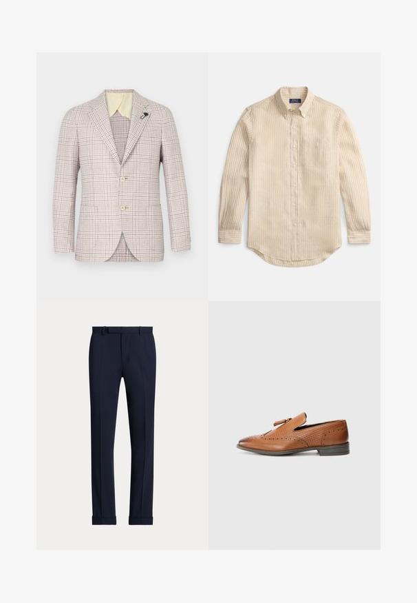 Beige karierter Blazer mit zwei Knöpfen, Reverskragen und einer kleinen schwarzen Nadel. Strukturiertes Material, hellgelber Innenkragen und zwei Vorderaschen.; Beige, langärmeliges Hemd mit Knöpfen, weißen vertikalen Streifen, Knopfleiste am Kragen, Brusttasche und "Polo Ralph Lauren"-Etikett im Kragen.; Marineblaue Anzughose mit glatter Textur, flacher Vorderseite, Bügelfalte, Gürtelschlaufen und gekrempelten Säumen. Hergestellt aus leichtem Stoff.; Braunes Leder-Schuh mit durchbrochener Dekoration, strukturierten Seiten, flacher Sohle und einer dekorativen Schleife an der Oberseite. Klassisches Design mit einer glatten Oberfläche.