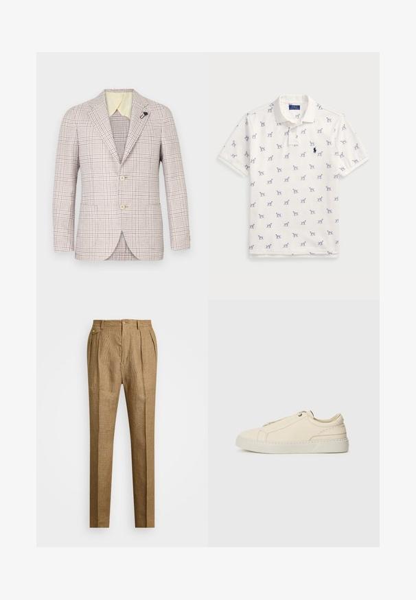 Blazer a quadri beige con due bottoni, rever a lancia e una piccola spilla nera. Tessuto strutturato, colletto interno giallo chiaro e due tasche frontali.; Polo bianco in cotone, con motivo a cani blu ripetuto e un piccolo logo blu sul petto. Maniche corte e colletto.; Pantaloni a quadri marroni con vestibilità strutturata, dotati di una parte frontale plissettata, due tasche laterali e chiusura con bottone. Tessuto liscio con un design su misura.; Sneaker in pelle beige con punta arrotondata, design minimalista, dettagli di cucitura sottili e una parte superiore testurizzata, su una suola chiara.
