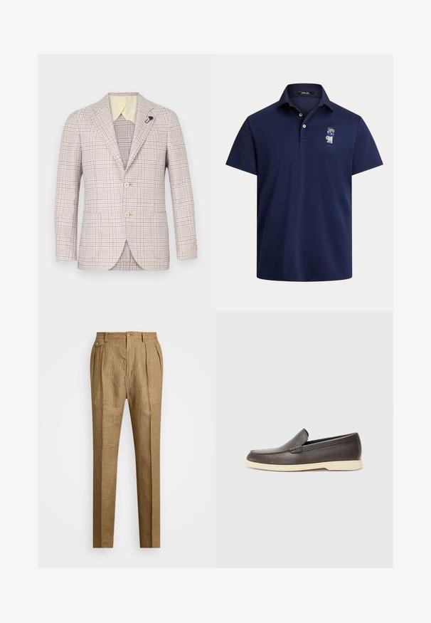 Beige kockás blézer két gombbal, nyakkal, és egy kis fekete kitűzővel. Texturált anyag, világos sárga belső gallér, és két elülső zseb.; Tengerészkék póló puha anyagból, háromgombos gallérral és bal oldali mellrészen egy kis hímzett figura részlettel.; Barna kockás nadrág, struktúrált szabással, pliszírozott elülső résszel, két oldalsó zsebbel és gombos záródással. Simára kezelt textúra, egyedi szabás.; Barna bőrből készült, slip-on stílusú cipők, amelyek texturált felülettel és ellentétes világos bézs talppal rendelkeznek, lekerekített orral és minimális varrási részletekkel.