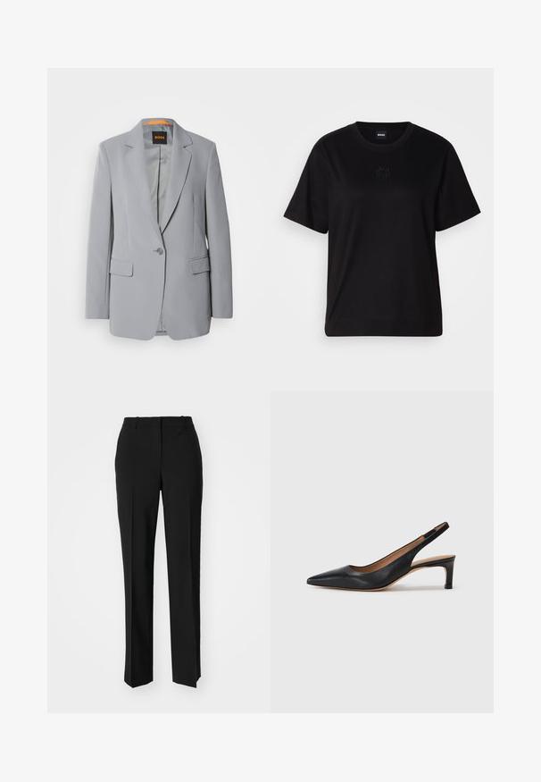 Lys grå blazer med en enkelt knappelukking, notklapper og to frontlommer. Glatt tekstur og oransje fôrdetalj inni.; Svart bomull T-skjorte med rund hals, korte ermer og et brodert logo på brystet. Enkel, avslappet passform uten mønstre.; Sorte skreddersydde bukser med rett silhuett, med en glatt tekstur og klare pressede bretter foran. Ingen synlig maskinvare.; Svart lær slingback pumpe med spiss tå, lav hæl og en jevn tekstur. Har en tynn justerbar stropp for en sikker passform.