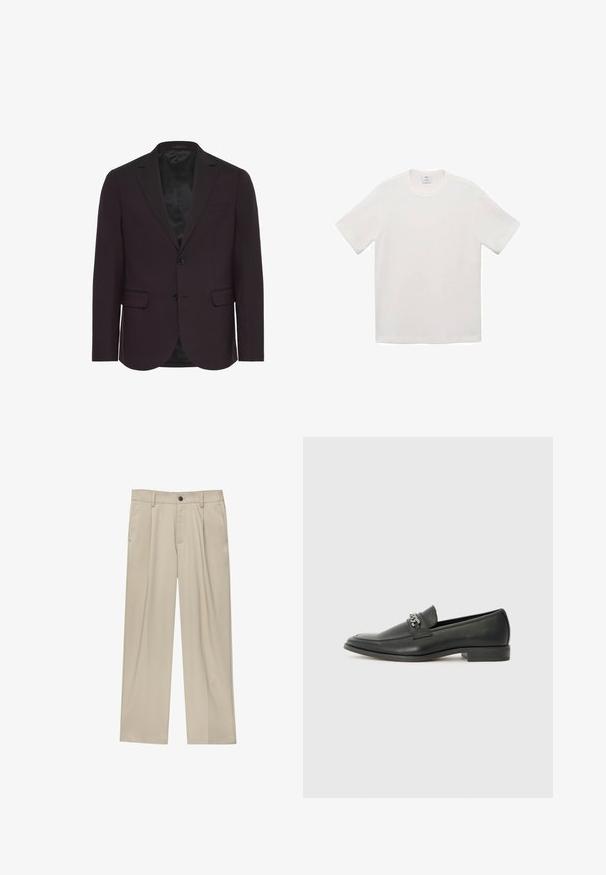 Donkerpaarse blazer, enkelvoudig met twee knopen, met een notch revers, twee voorkoeken en een satijnen binnenvoering. Soepele textuur.; Korte mouwen, crewneck t-shirt in off-white. Gemaakt van gladde katoenstof met een relaxed fit en subtiele stikdetails langs de schoudernaden.; Beige broek met een rechte snit, voorzien van een enkele zwarte knoop, riemlussen en zijzakken. Glad stoffen textuur en een minimalistisch ontwerp.; Zwarte leren instapper met een gladde afwerking, voorzien van een gestikt ontwerp en een decoratieve metalen kettingaccent over de wreef. Platte hak.