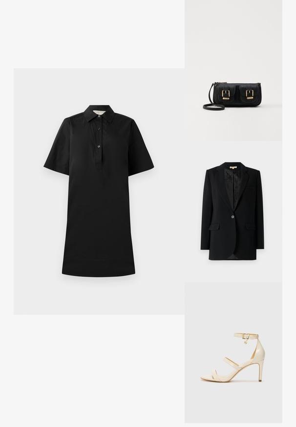 Crni sako s jednim prednjim dugmetom, reveri, dva prednja džepa i uzorkovana unutrašnja podstava. Prilagođeni kroj s dugim rukavima.; Crna haljina kratkih rukava s kragnom, kopčanjem na gumbi i ravnim siluetom. Napravljena od lagane tkanine s glatkom teksturom.; Bež sandale na visoku petu s tankim remenom oko gležnja i dva gornja remena. Sjajan lakirani završetak i detalj zlatne boje na remenu oko gležnja.; Crna kožna torba preko ramena s dva prednja džepa, zlatnim kopčama, zatvaranjem na zip i uskim remenom. Teksturirana površina i kompaktan pravokutan oblik.