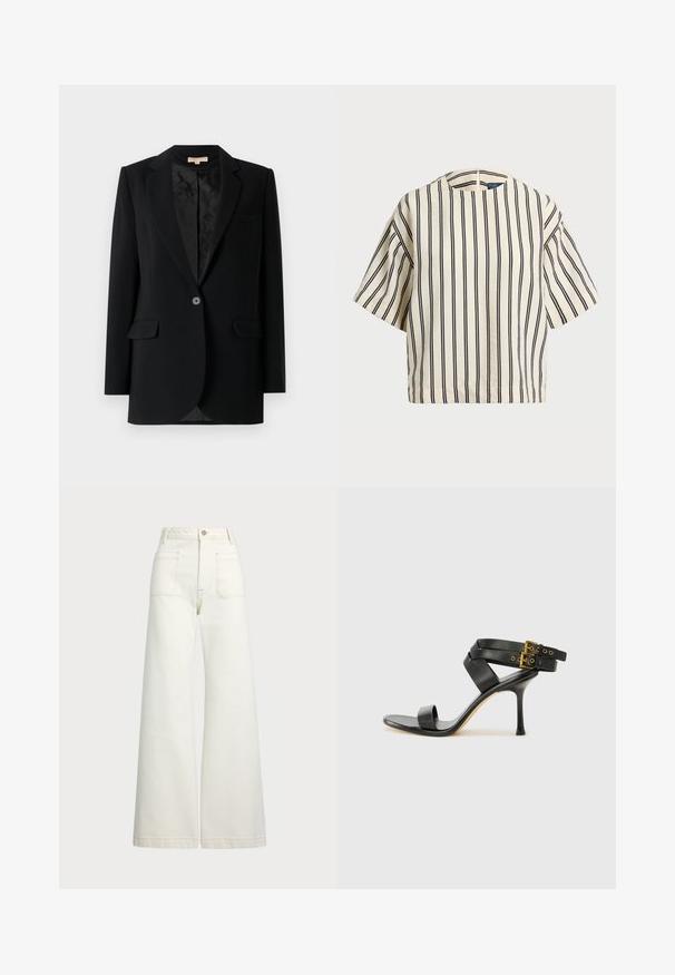 Zwarte blazer met een enkele voorste knoop, geknipt revers, twee voorzakken en een geplooide binnenvoering. Getailleerde pasvorm met lange mouwen.; Korte mouwen, gestreepte top in crème en marineblauw, met een ronde halslijn en een boxy ontwerp van een textuurstof.; Wijd-zit jeans van off-white denim. Hooggaande taille met een knoopsluiting, twee voorzakken en contrasterende stikdetails.; Zwarte hoge hak sandaal met gekruiste bandjes en verstelbare gespsluiting. Heeft een gladde textuur en een taps toelopende stilettohak.