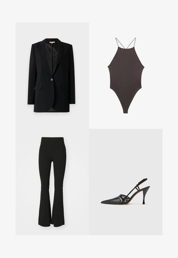 Schwarze Blazer mit einem einzelnen Frontknopf, mit Revers, zwei Fronttaschen und einem gemusterten Innenfutter. Taillierte Passform mit langen Ärmeln.; Brauner, hochgeschlossener Badeanzug mit dünnen, verstellbaren Trägern; zeichnet sich durch einen hohen Beinschnitt und eine glatte Textur aus. Keine Muster oder Verzierungen.; Schwarze, ausgestellte Hosen aus Stretchmaterial mit hoher Taillierung und einer glatten, ungeschmückten Oberfläche. Einfaches und figurbetontes Design.; Schwarze Leder-Slingback-Pumps mit spitzem Zehenbereich, über Kreuz verlaufendem Riemendesign und schmalem Stiletto-Absatz. Glatte Oberfläche und minimalistische Akzente.