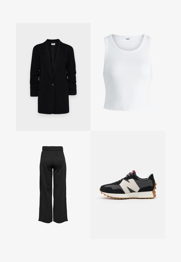 Črni blazer z dolgimi rokavi, enojno gumbno zapiranje, izbrazdane reverje in dvema sprednjima žepoma. Gladka tkanina s strukturiranim krojem.; Bela rebrasta majica brez rokavov z okroglim izrezom in krajšo dolžino. Oznaka navaja "JJXX." Gladka tekstura tkanine.; Črne hlače širokega kroja z elastičnim pasom, izdelane iz gladkega materiala. Imajo preprost dizajn brez žepov ali vidnih šivov.; Črne in sive semiš športne copate z velikim kremnim logotipom "N", vijoličastimi vezalkami in teksturiranim gumijastim podplatom.