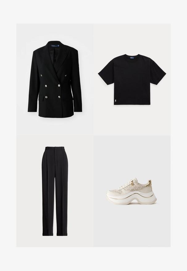 Blazer preto de dupla abotoadura em tecido suave, com botões de prata, dois bolsos frontais e design de lapela recortada.; Camiseta preta de algodão com mangas curtas, decote redondo e um pequeno logótipo branco na parte inferior esquerda. Ajuste clássico e descontraído, com detalhes mínimos.; Calças pretas ajustadas com uma cintura alta, apresentando pregas na frente, um design de perna reta e bainha com punho. Feitas de tecido suave.; Sapatilhas plataforma em bege e dourado com padrão "MK", atacadores à frente, um charme dourado e sola espessa ondulada contra fundo simples.