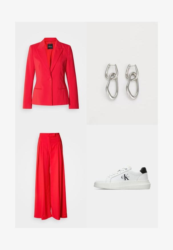 Punainen räätälöity bleiseri, jossa on yksi napitus, viistot kaulukset, kaksi sivutaskua ja sujuva, sileä kangas.; Valkoinen hihaton toppi, joka on valmistettu sileästä kankaasta. Siinä on pyöreä pääntie ja vartalonmyötäinen siluetti. Ei näkyviä kuvioita tai korostuksia.; Punaiset leveät housut, jotka on valmistettu sileästä kankaasta. Niissä on etupleatsit, litteä vyötärö ja muotoiltu istuvuus. Suunnittelu korostaa sulavaa siluettia.; Valkoiset matalat tennarit, joissa on musta kantapää, alustasolki, nauhat ja Calvin Kleinin "CK" logo sivuilla.; Calvin Klein STATEMENT LINKS - Korvakorut - silver-coloured