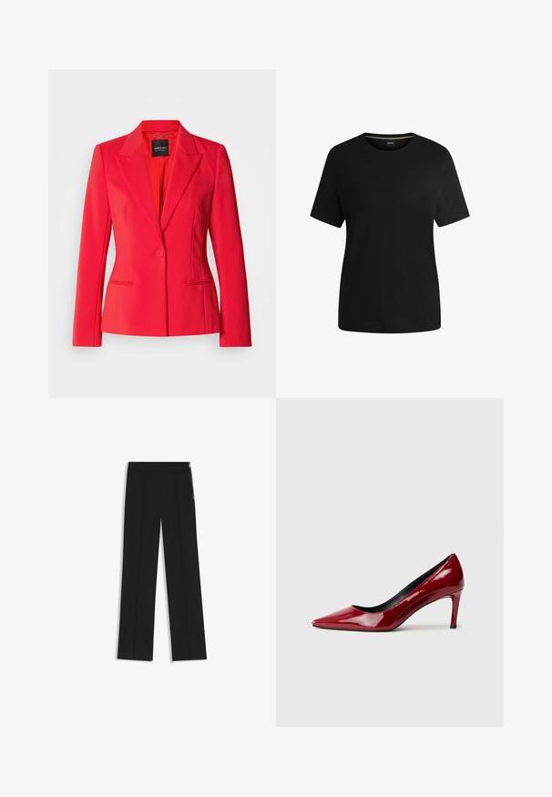 Rode op maat gemaakte blazer met een enkele knoopsluiting, geknipte revers, twee zijzakken en een gladde, zachte stoftextuur.; Zwart t-shirt met korte mouwen, gemaakt van zachte katoen, met een ronde hals en een gladde textuur. Eenvoudig ontwerp zonder patronen of accenten.; Zwarte wijde broek met twee voorplooien, elastische tailleband en zijritsen voor detail. Soepele textuur en minimalistisch ontwerp.; Rode lakleren hoge hakken met een puntige neus en een slanke hak. Soepele textuur met een glanzende afwerking en een zwart interieur.
