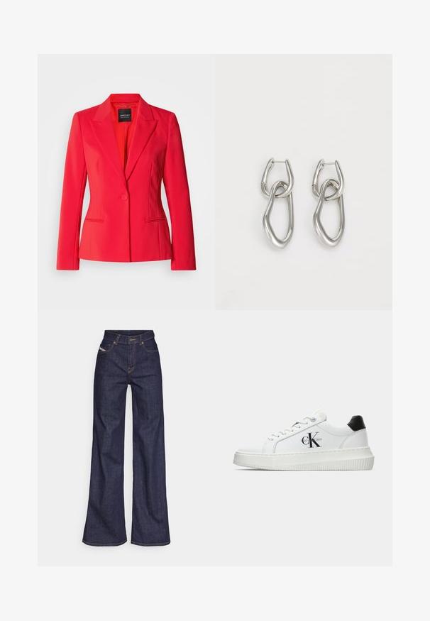 Roter maßgeschneiderter Blazer mit einem Einzelknopf-Verschluss, Reverskragen, zwei Seitentaschen und glattem, geschmeidigem Stoff.; Weißes Langarmhemd aus geripptem Stoff mit Rundhalsausschnitt und taillierter Form. Keine Muster oder Akzente sind vorhanden.; Dunkelblaue weite Jeans aus Denimstoff mit hoher Taille, ausgestattet mit orangefarbenen Nähten, fünf Taschen und einem Knopfverschluss.; Weiße Low-Top-Sneaker mit schwarzem Fersenpatch, Plateau-Sohle, Schnürsenkeln und Calvin Klein "CK"-Logo an der Seite.; Calvin Klein STATEMENT LINKS - Ohrringe - silver-coloured
