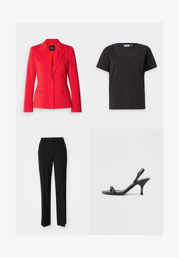 Rdeč krojen blazer z enim gumbom, zareznimi reverji, dvema stranskima žepoma in gladko, sijočo teksturo tkanine.; Črna bombažna majica s kratkimi rokavi in V-izrezom. Preprost dizajn z običajnim krojem in brez vzorcev ali dodatkov.; Črne krojene hlače s direktnim krojem, ki se ponašajo z gladko teksturo in ostrimi pregibi spredaj. Ni vidne kovine.; Črne usnjene visoke sandale s tankim, ukrivljenim petam in obliko križanih trakov. Nastavljiv trak okoli gležnja. Gladka tekstura.