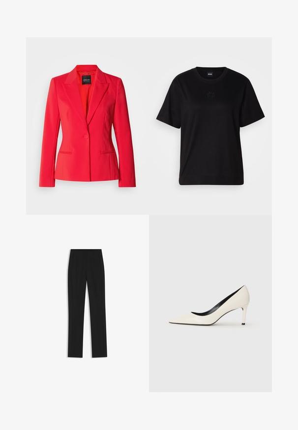 Blazer ajustado rojo con cierre de un solo botón, solapas con muesca, dos bolsillos laterales y una textura de tela suave y elegante.; Camiseta de algodón negra con cuello redondo, mangas cortas y un logo bordado en el pecho. Ajuste simple y relajado sin patrones.; Pantalones de traje negros con un diseño de pierna recta, que cuentan con bolsillos delanteros y una tela suave y texturizada. Detalles limpios y minimalistas.; Bailarina de charol blanco con tacón alto, punta afilada, tacón delgado y detalles interiores en negro. Textura suave y diseño elegante.