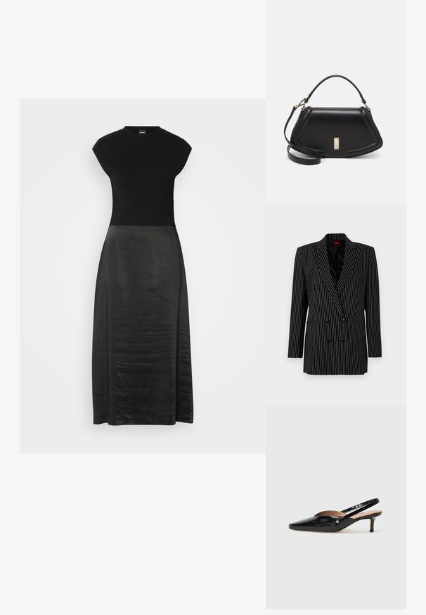 Schwarze doppelt knöpfbare Blazerjacke mit weißen Streifen, scharfen Revers, langen Ärmeln, strukturiertem Stoff und Taschen auf der Vorderseite.; Schwarzes Kleid mit tailliertem Oberteil und fließendem, seidig glänzendem Rock. Mit kurzen Ärmeln, Rundhalsausschnitt, glatter Textur und knöchellanger Länge.; Schwarze Lackleder Slingback-Pump mit spitzem Zehenbereich, kleinem Absatz und einem Ausschnittdesign auf dem Vorderteil. Hardware in Goldton als Akzent an der Seite.; Schwarze Lederhandtasche mit einem strukturierten Design, das eine verkürzte Form, einen oberen Griff und goldfarbene Hardware-Details aufweist. Verstellbarer Schulterriemen ist enthalten.