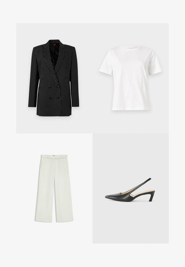 Zwarte dubbelgebreide blazer met witte streepdessin, scherpe revers, lange mouwen, textuurstof en zakken aan de voorkant.; Witte katoenen t-shirt met korte mouwen, ronde halslijn en een ontspannen pasvorm. Gladde textuur, geen patronen of accenten, minimalistisch ontwerp.; Wijde broek in licht crèmekleurige stof, met zijzakken, een platte voorkant en een enkele knoopsluiting bij de taille. Glad van textuur.; Zwarte puntige slingback schoen met een lage hak, gemaakt van soepel leer en voorzien van een uitsnede aan de zijkant voor ventilatie.