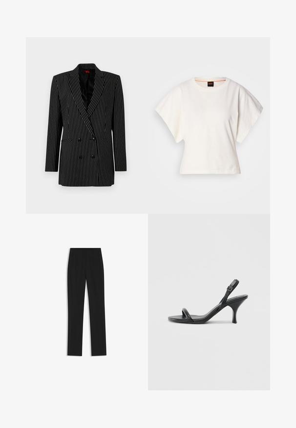 Blazer doppiopetto nero con righe bianche, rever affilati, maniche lunghe, tessuto testurizzato e tasche frontali.; T-shirt bianca cropped, maniche corte e larghe, tessuto di cotone morbido, scollatura rotonda con bordino arancione sottile, design minimale, senza motivi o grafiche.; Pantaloni neri su misura con un design a gamba dritta, dotati di tasche frontali e un tessuto liscio e strutturato. Dettagli ordinati e minimalisti.; Sandali con tacco alto in pelle nera, con tacco sottile e curvo e design a fascia incrociata. Cinghia alla caviglia regolabile. Texture liscia.