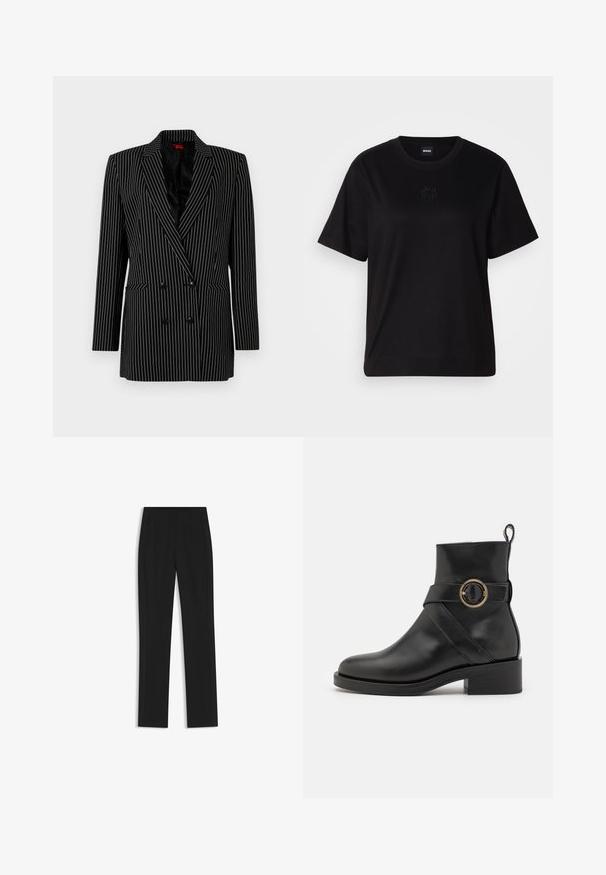 Schwarze doppelt knöpfbare Blazerjacke mit weißen Streifen, scharfen Revers, langen Ärmeln, strukturiertem Stoff und Taschen auf der Vorderseite.; Schwarzes Baumwoll-T-Shirt mit Rundhalsausschnitt, kurzen Ärmeln und aufgesticktem Logo auf der Brust. Einfacher, lässiger Schnitt ohne Muster.; Schwarze maßgeschneiderte Hose mit geradem Bein, ausgestattet mit Fronttaschen und einem glatten, strukturierten Stoff. Saubere, minimale Details.; BOSS IRYNA BOOTIE - Plateaustiefelette - black