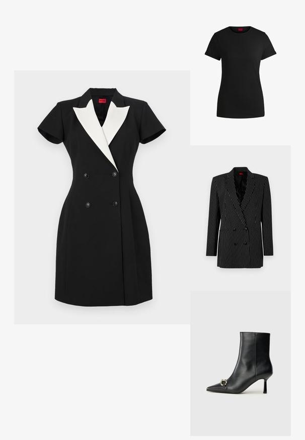 Schwarze doppelt knöpfbare Blazerjacke mit weißen Streifen, scharfen Revers, langen Ärmeln, strukturiertem Stoff und Taschen auf der Vorderseite.; Schwarzes Baumwoll-T-Shirt mit kurzen, aufgerollten Ärmeln, rundem Halsausschnitt und rotem Etikett. Glatte Textur, taillierte Form mit minimalen Details.; Schwarzes, doppelt geknöpftes Kleid mit kurzen Ärmeln, weißen Schalkrevers und schwarzen Knöpfen. Taillierte Passform mit strukturiertem Design.; Schwarze Leder-Stiefelette mit spitzer Zehe, schlankem, mittelhohem Absatz und silberner Schnalle seitlich vor einem schlichten Hintergrund.