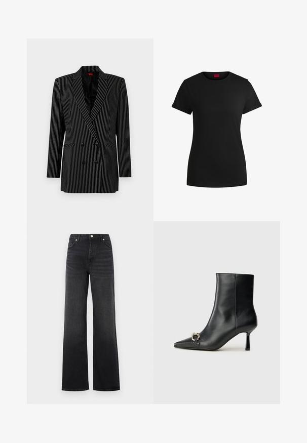 Sort dobbeltræs blazer med hvide striber, skarpe revers, lange ærmer, tekstureret stof og forlommer.; Sort bomulds T-shirt med korte opklappede ærmer, rund halsudskæring og et rødt mærke. Glat tekstur, tætsiddende form med minimal detaljer.; Sorte højtaljede wide-leg jeans med knaplukning og frontlommer, der har let falmede detaljer på lårerne.; Sort læder ankelstøvle med spidse tæer, slank hæl i mellemhøjde og sølvspænde detaljer på siden mod en ensfarvet baggrund.