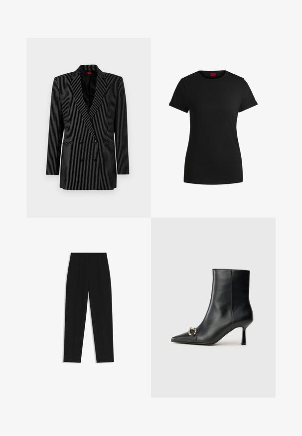 Sort dobbeltræs blazer med hvide striber, skarpe revers, lange ærmer, tekstureret stof og forlommer.; Sort bomulds T-shirt med korte opklappede ærmer, rund halsudskæring og et rødt mærke. Glat tekstur, tætsiddende form med minimal detaljer.; Sorte bukser med lige pasform, der har dobbelte folder, en glat tekstur og et klassisk taljedesign. Ingen synlige hardware eller accenter.; Sort læder ankelstøvle med spidse tæer, slank hæl i mellemhøjde og sølvspænde detaljer på siden mod en ensfarvet baggrund.