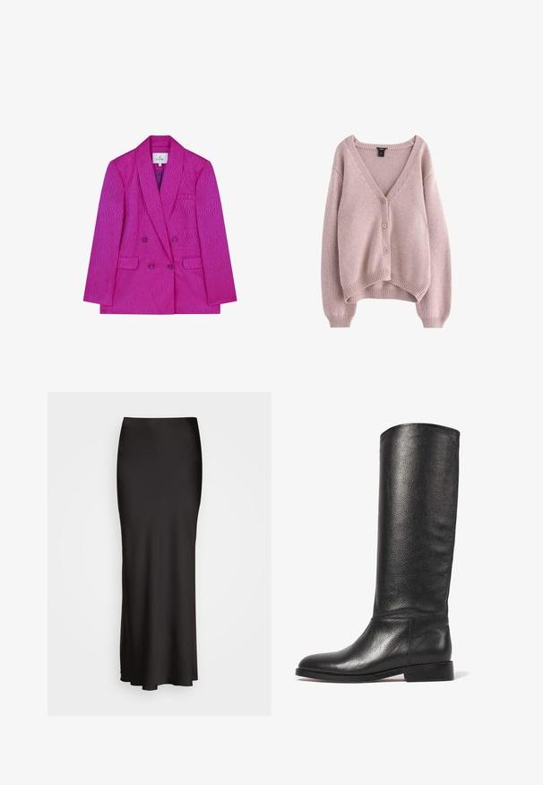 Fuchsiový dvouřadý blazer s texturovaným vlnitým vzorem, s klopeným límcem, dvěma předními kapsami a fialovými knoflíky.; Světle růžový pletený cardigan s výstřihem do V, se čtyřmi knoflíky vpředu a ribováním na lemu a rukávech. Měkká textura a uvolněný střih.; Černý žebrovaný top bez rukávů s kulatým výstřihem a vyšívaným logem v bílé barvě. Materiál má hladkou texturu a těsný střih.; Černá, dlouhá saténová sukně s hladkou texturou, úzkým pasem a A-liniovým střihem, bez viditelných ozdob nebo vzorů.; Kožené vysoké boty černé barvy s texturovaným povrchem, zaoblenou špičkou, hladkým svrškem a nízkým stacked podpatkem. Minimalistický design, žádné viditelné kovové prvky.