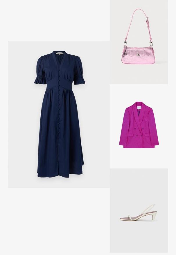 Fuchsia double-breasted blazer with a textured wave pattern, featuring a notched lapel, two front pockets, and purple buttons.; Navy blue maxi dress with a V-neck, puff sleeves, button-down front, and gathered waist, made of lightweight fabric for comfort.; White slingback sandals with a slight heel, thin straps, and a smooth leather texture; features a small decorative buckle.; Pink metallic handbag with a crinkled texture, an adjustable strap, and silver hardware. Features a small emblem on the front.
