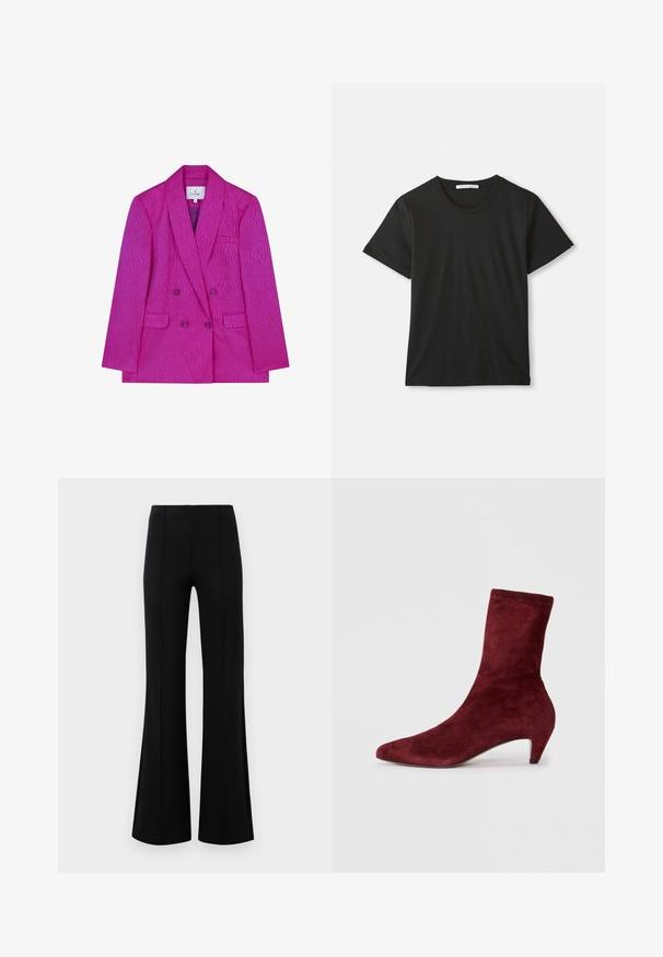 Sacou fucsia cu două rânduri de nasturi, având un model texturat în valuri, cu rever decupat, două buzunare frontale și nasturi violet.; Tricou din bumbac cu mânecă scurtă, de culoare neagră, cu guler rotund, așezat plat pe un fundal alb, având eticheta brandului vizibilă în interiorul gulerului.; Pantaloni negri evazați, cu talie înaltă, fabricați dintr-un material elastic. Prezintă detalii cu cusături verticale în față și o textură netedă.; Botine din suede burgund cu vârf ascuțit și toc jos. Textură netedă și design ajustat fără hardware sau modele vizibile.