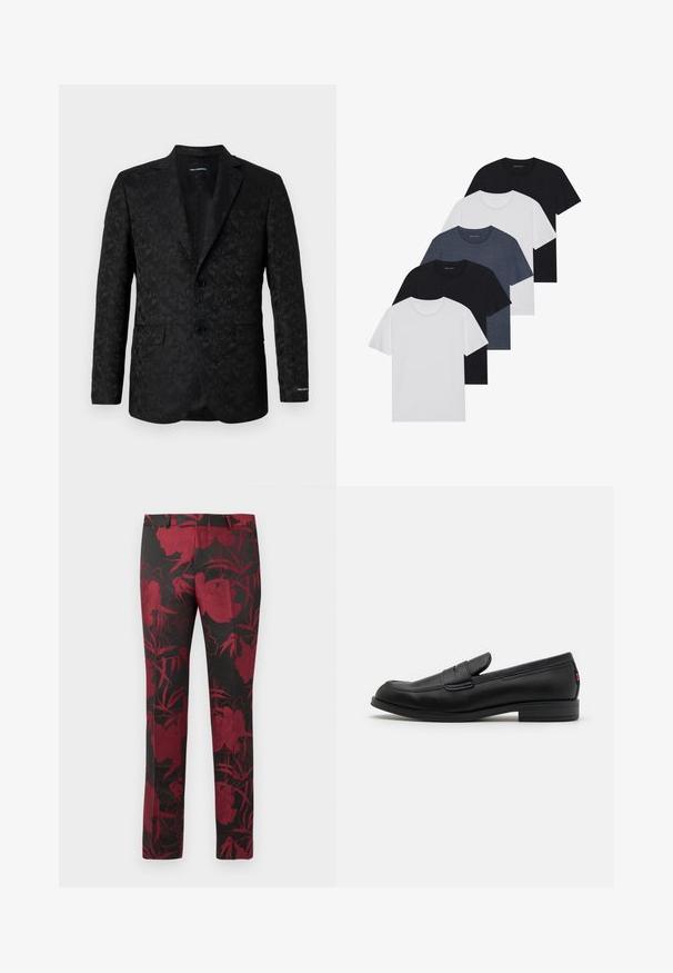 Black blazer featuring a textured paisley pattern, two buttons, notch lapels, and a single chest pocket for a tailored look.; Set of five t-shirts in black, white, and navy blue. Cotton fabric, short sleeves, crew neck design, and plain texture with no patterns.; Black pants featuring a floral pattern in deep red, with a smooth texture and tailored fit. Standard waistband and straight leg design.; Black leather loafers with a smooth finish, rounded toe, and a small decorative flap. Features a low stacked heel and subtle branding detail.