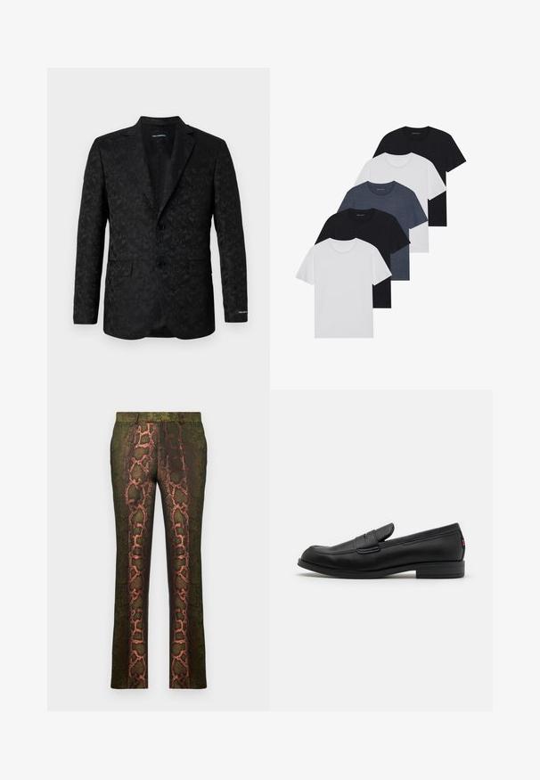 Črn blezer z teksturiranim paisley vzorcem, dvema gumboma, zareznimi ovratniki in enim žepom na prsih za potrjen videz.; Set petih majic v črni, beli in mornarsko modri barvi. Bombažni material, kratki rokavi, krojen vrh z okroglim izrezom ter enostavno teksturo brez vzorcev.; Zelene hlače s potiskom kačjega vzorca v odtenkih rjave in oranžne barve, ravno krojene, z gladko teksturo.; Črne usnjene mokasine z gladko površino, zaobljenim nosom in majhnim okrasnim preklopom. Imajo nizek zložen peto in subtilen detajl blagovne znamke.