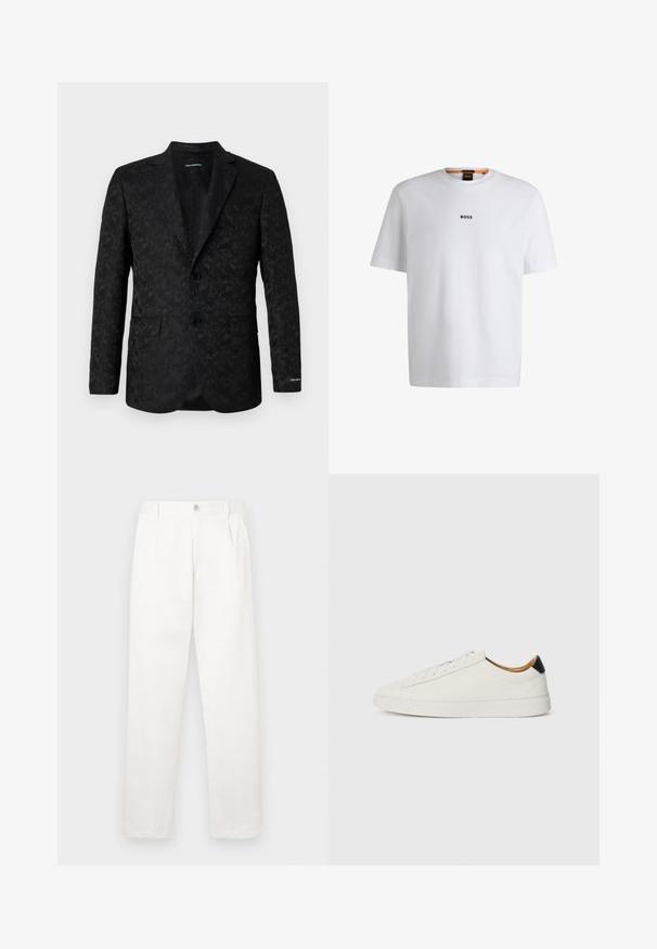Černý blazer s texturovaným paisley vzorem, se dvěma knoflíky, klopami ve tvaru výstřihu a jednou náprsní kapsou pro upravený vzhled.; Bílý bavlněný tričko s krátkým rukávem, se středovým černým logem "BOSS" na hrudi a kulatým výstřihem.; Bílé kalhoty vyrobené z hladké tkaniny, s rovnými nohavicemi, předními sklady a jedním knoflíkem na zavírání v pase.; Bílá teniska s hladkým koženým svrškem, kulatou špičkou a plochou podrážkou. Černý akcent na patě, se tónovými tkaničkami a minimalistickým logem.