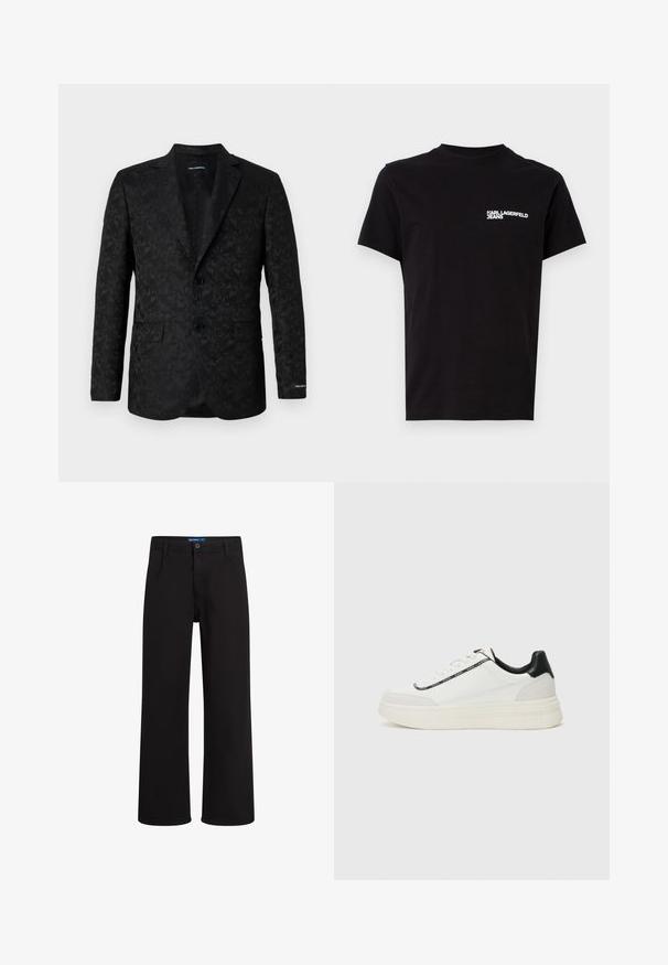 Mustmustritpoint, mille aristik paeslitid, kahel nööp, servad, ning üks rinna tasku, et saavutada kohandatud välimus.; Must musta, mis on valmistatud puuvillast, laia kaelusega ja lühikeste varrukatega. Vasakul rinnal on silmatorkav valge logo tekst. Lihtne disain.; Mustad sirged püksid, millel on nööp ja tõmblukk, vöökohas silmad ning küljetaskud, esitatud valge tausta taustal.; Valged tennisjalanõud mustade nahast detailidega, tekstuuriga tallaga, paeladega ja logobandi külgedel. Omab siledat ja sametjat viimistlust.