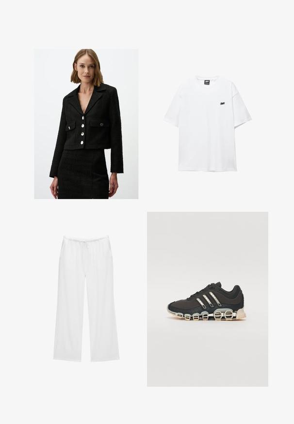 Zwarte cropped jas van textuurstof met puntige kraag, voorzien van twee voorkantzakken en vijf grote zilverkleurige knopen.; Witte katoenen T-shirt met korte mouwen, ronde hals en een klein zwart logo op de borst. Glad textuur en casual pasvorm.; Witte wijde broekspunten gemaakt van zachte stof, met een elastische tailleband en een koord, en twee zijzakken. Eenvoudig en strak ontwerp.; Zwarte sportschoen met een gestructureerde bovenkant, drie zilveren strepen en een kenmerkende dempingszool met meerdere geïntegreerde secties.