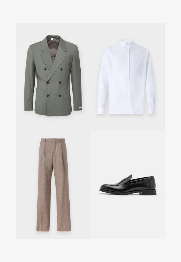 Double-breasted olive green blazer with black buttons, wide lapels, and two front patch pockets, displayed on a white background.; White long-sleeve button-up shirt made of cotton, featuring a chest pocket with tonal embroidery, a collar, and button cuffs.; Brown, high-waisted trousers made of textured fabric. Features wide legs and two front pleats for structure. Neat finish with no visible hardware.; Black leather loafers with a smooth texture, rounded toe, and a decorative strap across the vamp. Low stacked heel, minimalist design.