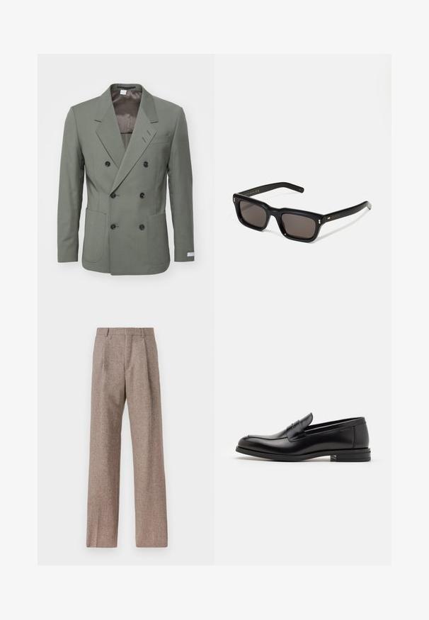 Olijfgroene dubbelzijdige blazer met zwarte knopen, brede revers en twee voorzakken, weergegeven op een witte achtergrond.; Witte lange mouwen overhemd van katoen, met een borstzak met tonale borduring, een kraag en knopenmanchetten.; Bruine, hooggewaisted broeken van een gestructureerde stof. Heeft wijde benen en twee voorplooien voor extra structuur. Net afgewerkt zonder zichtbare hardware.; Zwarte leren instappers met een gladde textuur, ronde neus en een decoratieve band over de wreef. Lage, gestapelde hak en minimalistisch ontwerp.; Zwarte rechthoekige zonnebril met donkere lenzen, een dik plastic montuur, gouden accenten op de veren en het merkembleem gegraveerd op de arm.