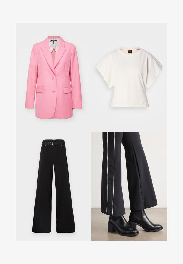 Lyserød stribet blazer med dobbelte knapper, skronged lapeller og to forlommer. Lavet af et struktureret stof, har den en skræddersyet pasform.; Hvid cropped T-shirt, korte brede ærmer, blødt bomuldsstof, rund halsudskæring med diskret orange kant, minimalistisk design uden mønstre eller grafik.; Sorte brede bukser lavet af bomuld, med høj talje, store sidelommer og en bæltestrop med sølvfarvede detaljer.; Sorte læder ankelstøvler med blokhæle, udstyret med elastiske sidepaneler. Kombineret med sorte bukser, der har en hvid side stripe.
