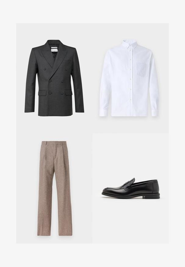 Dunkelgrau zweireihiger Blazer mit Reverskragen, zwei Vorder taschen und subtiler Textur. Etikett im Kragenbereich sichtbar.; Weißes Langarm-Hemd mit Knöpfen aus Baumwolle, ausgestattet mit einer Brusttasche mit tonalem Stickerei, einem Kragen und Knopfmanschetten.; Braune, hochtaillierte Hose aus strukturiertem Stoff. Mit weitem Bein und zwei vorderen Bügelfalten für zusätzliche Form. Saubere Verarbeitung ohne sichtbare Hardware.; Schwarze Lederloafers mit glatter Textur, rundem Zehenbereich und einem dekorativen Riemen über dem Vorderfuß. Niedriger, gestapelter Absatz, minimalistisches Design.