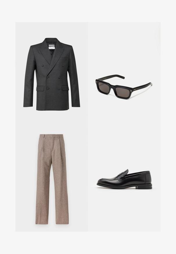 Sötétszürke, kétsoros blézer, füles gallérral, két elülső zsebbel és finom textúrával. Címke látható a gallér belső részén.; Fehér, hosszú ujjú, gombos ing pamutból, mellzsebbel, tónusos hímzéssel, gallérral és gombos mandzsettával.; Barna, magas derekú nadrág texturált anyagból. Széles szárai és két elülső redője biztosítja a struktúrát. Ízléses kivitel, látható fémszerelés nélkül.; Fekete bőr loaferek sima textúrával, kerek orral és dekoratív pánttal a vampnál. Alacsony, rétegelt sarkú, minimalista dizájn.; Fekete téglalap alakú napszemüveg sötét lencsékkel, vastag műanyag keret, arany díszítések a szárakon, és a márka logója gravírozva a szára.