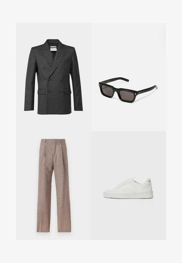 Dunkelgrau zweireihiger Blazer mit Reverskragen, zwei Vorder taschen und subtiler Textur. Etikett im Kragenbereich sichtbar.; Weißes Langarm-Hemd mit Knöpfen aus Baumwolle, ausgestattet mit einer Brusttasche mit tonalem Stickerei, einem Kragen und Knopfmanschetten.; Braune, hochtaillierte Hose aus strukturiertem Stoff. Mit weitem Bein und zwei vorderen Bügelfalten für zusätzliche Form. Saubere Verarbeitung ohne sichtbare Hardware.; Weiße Ledersneaker mit glatter Oberfläche, runder Zehenpartie, flachen Schnürsenkeln und strukturiertem Sohlenprofil. Mit einem dezenten Logo an der Ferse.; Schwarze rechteckige Sonnenbrille mit dunklen Gläsern, dickem Kunststoffrahmen, goldenen Akzenten an den Bügeln und eingraviertem Markenlogo am Arm.