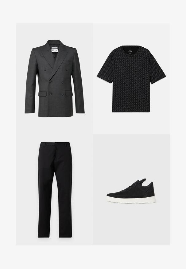 Tumma harmaa kaksirivinen bleiseri, jossa on avokollaari, kaksi etutaskua ja hienovarainen tekstuuri. Merkki näkyvissä kaulusalueella.; Mustat T-paita, jossa on teksturoitu kuvio, jossa vuorottelevat 'A' -logot, lyhyet hihat ja pyöreä pääntie. Valmistettu kevyestä kankaasta.; Mustat suorat housut, joissa on nappi- ja vetoketjukiinnitys, vyölenkit ja etutaskut, esillä valkoisella taustalla.; Mustat mokkasiinikenkiä valkoisella kumipohjalla, jossa on sävy sävyyn ompelu ja nauhakiinnitys. Sujuva pinta ja moderni, virtaviivainen muoto.