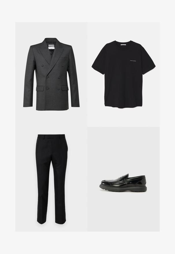 Dunkelgrau zweireihiger Blazer mit Reverskragen, zwei Vorder taschen und subtiler Textur. Etikett im Kragenbereich sichtbar.; Schwarzes Baumwoll-T-Shirt mit Rundhalsausschnitt, kurzen Ärmeln und weißem Logodruck auf der linken Brust. Einfaches, einfarbiges Design.; Schwarze, taillierte Hose mit schmalem Schnitt, ausgestattet mit Seitentaschen und einer glatten Textur. Die Säume sind sauber verarbeitet.; Schwarze Lederloafer mit glanzendem Finish, abgerundetem Zehenbereich, subtilen Steppnähten und einer dicken Gummisohle für Langlebigkeit.