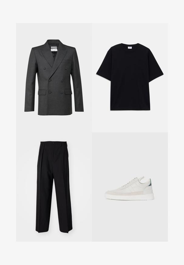 Blazer doppiopetto grigio scuro con colletto a picco, due tasche frontali e una sottile texture. Etichetta visibile nell'area del colletto.; T-shirt oversize nera a maniche corte con scollatura rotonda e etichetta del marchio Filippa K visibile all'interno del colletto.; Pantaloni neri a pieghe con un design dritto e gamba larga. Realizzati in tessuto morbido, con chiusura a bottone e passanti per cintura.; Sneaker bianche in pelle con dettagli in suede grigio, design con lacci, bollino per il tallone e suola in gomma testurizzata caratterizzata da un motivo a zigzag.