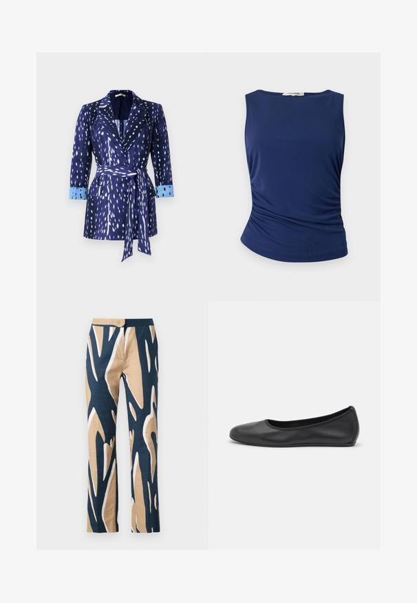 Granatowa kurtka z białymi wzorami, z długimi rękawami i niebieskimi mankietami. Posiada paskiem w talii i kołnierz z klapami. Wykonana z materiału o fakturze.; Granatowy top bez rękawów z gładkiego, elastycznego materiału. Posiada marszczone detale po bokach oraz zaokrąglony dół, co zapewnia dopasowany wygląd.; Spodnie o szerokich nogawkach w granatowym, beżowym i białym wzorze graficznym. Wykonane z lekkiego materiału o gładkiej fakturze i dopasowanej talii.; Czarne skórzane baletki z zaokrąglonym noskiem, gładką fakturą, minimalnymi przeszyciami i elastycznym designem podeszwy.