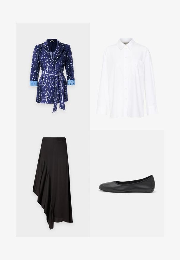Tengerész káros fehér mintával, hosszú ujjakkal és kék mandzsettákkal. Övvel ellátott derekú és hajtómű gallérja van. Texturált anyagból készült.; Fehér, hosszú ujjú, galléros ing, amely pamutból készült. Gombos elülső része és egyetlen mellzsebe van. Simított textúra, laza szabás.; AERON ASTER SKIRT - Ceruzaszoknya - black; Fekete bőr balettcipő lekerekített orral, sima tekstúrával, minimális varrással és rugalmas talp kialakítással.