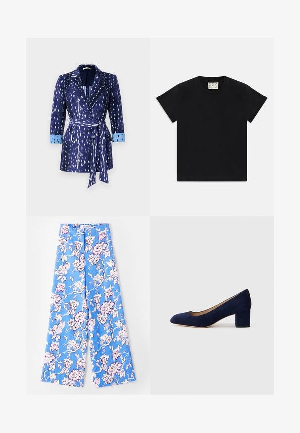 Tumesinine jakk, millel on valged mustrid, pikad varrukad ja sinised mansetid. Omab vöödega talje ja kraega kraed. Valmistatud tekstuursest kangast.; Must valge lühikeste varrukatega T-särk ümarast kaelusest mustal taustal, mille krae sees on valge silt, kus on kirjas "D.R.C. EST. 2002".; Sinised lillelised püksid, millel on pastellroosade mustritega kaunistus. Kude on sile, lõige on mugav, laiad jalad ja elastne vöökoht.; Tumesinise sametist kõrge kontsaga king, millel on terav nina ja keskmise kõrgusega plokk-konts. Sile tekstuur kerge sädelusega ja ees väike lõige.